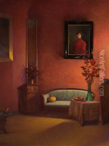 Rodt Interior Med Selvportrett Oil Painting - Asta Carlsen Norregaard