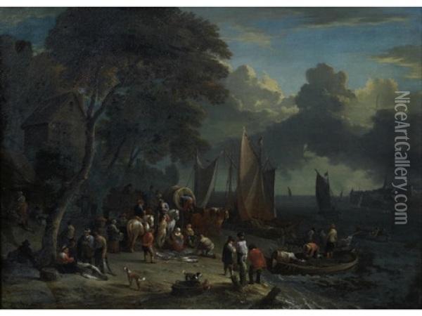 Figures On The Banks Of A River Oil Painting - Lucas Smont the Younger