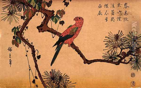 Bird on a Tree Oil Painting - Utagawa or Ando Hiroshige
