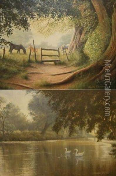 Stile Near Dedham Mill; And Swans On The Stour (see Inscriptions Verso) Oil Painting - Charles Francis Adams