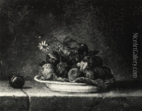 Still Life Of A Plate Of Plums And Flowers On A Ledge Oil Painting - Henri Horace Roland de la Porte