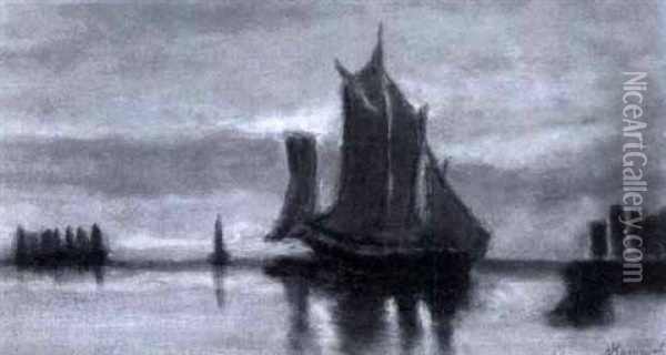 Sailboats At Dusk Oil Painting - John A. Hammond