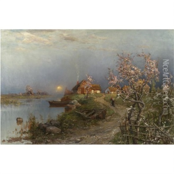 Dusk On The River Aa Oil Painting - Yuliy Yulevich (Julius) Klever