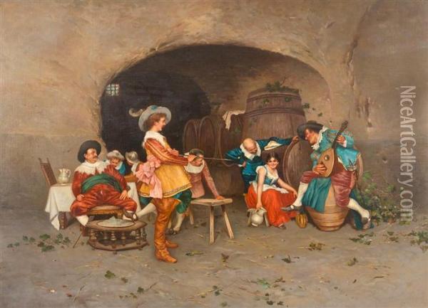 Frohliche Gesellschaft Im Kellergewolbe. Oil Painting - F.A. Ciappa