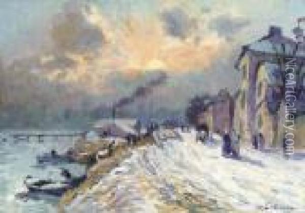 Bords De La Seine. L'hiver A Herblay Oil Painting - Albert Lebourg