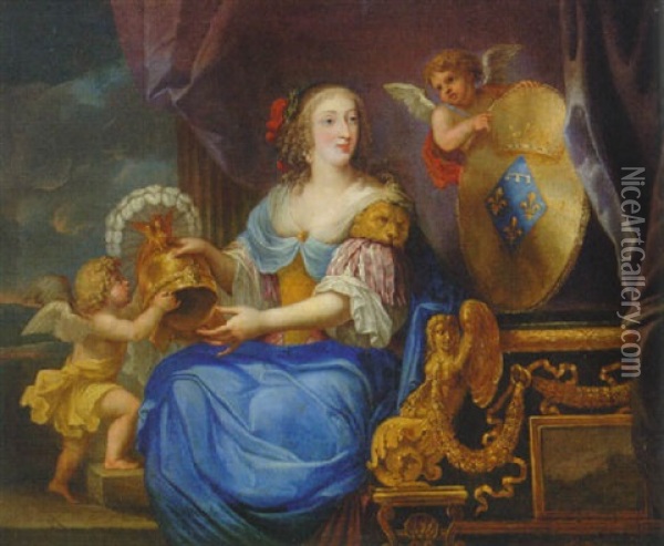 Portrait Of Anne-marie-louise D'orleans, Duchesse De Montpensier, In A Blue Dress With Two Cherubs On A Terrace Oil Painting - Pierre Mignard the Elder