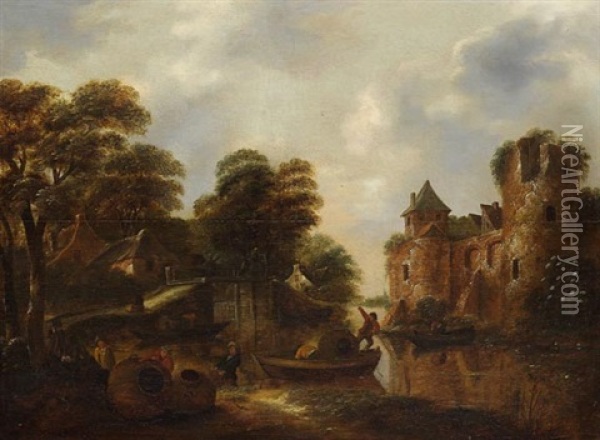 Flusslandschaft Mit Dorf Und Ruine Oil Painting - Nicolaes Molenaer