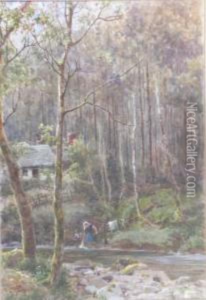A Woman At A Stream In A Wooded Landscape Oil Painting - James Georges Bingley