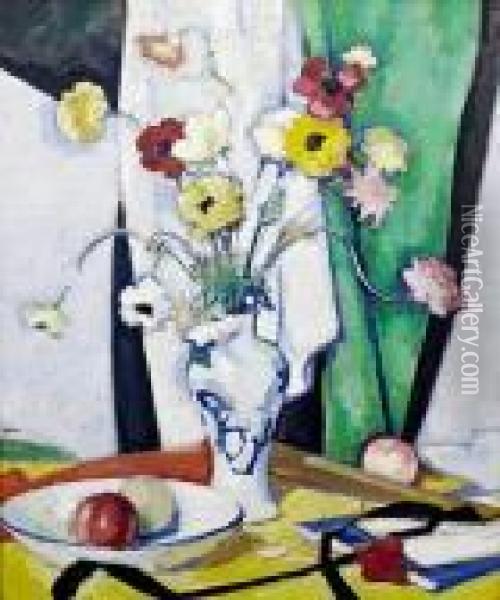Still Life With Flowers, Fruit And Fan Oil Painting - Samuel John Peploe