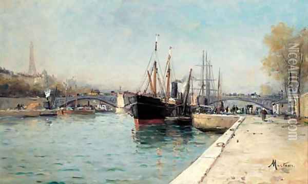 Shipping on the Seine at Le Pont d'Alma, The Eiffel Tower beyond Oil Painting - Charles Mertens