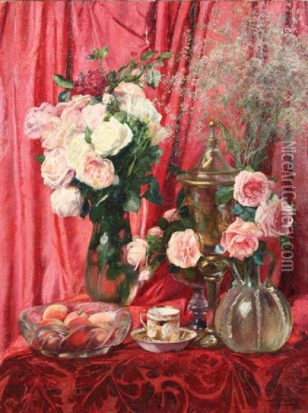 Nature Morte Aux Roses Devant Un Rideau Rouge Oil Painting - Leon Frederic
