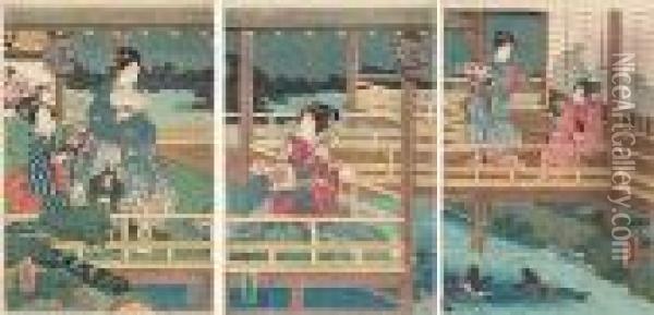 Triptych Of Women Watching Fish Oil Painting - Kunisada