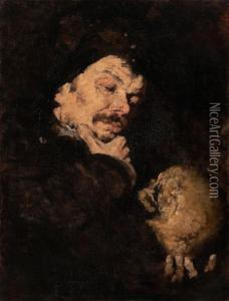 Man Holding A Skull (memento Mori) Oil Painting - Frank Duveneck