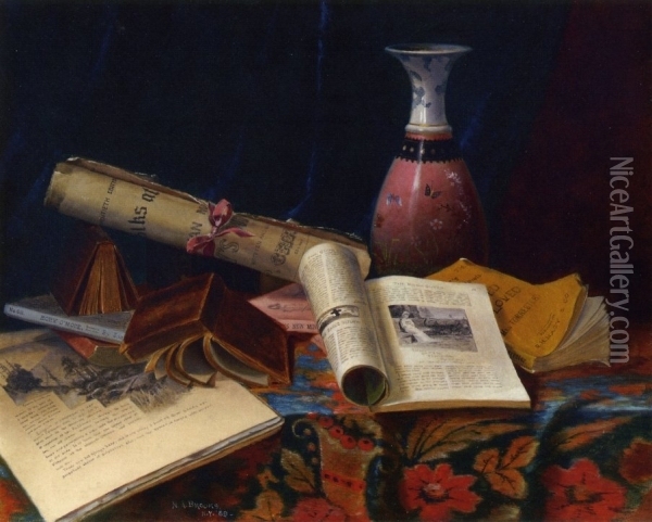Still Life with Vase and Books Oil Painting - Nicholas Alden Brooks