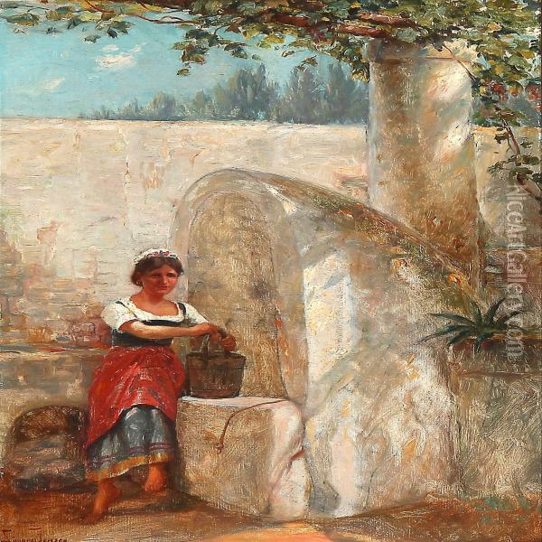 A Young Italian Girl Takes A Break At A Well Oil Painting - Olaf Simony Jensen