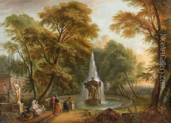 Elegante Compagnie Autour D'une Fontaine Oil Painting - Jean Baptiste Lallemand