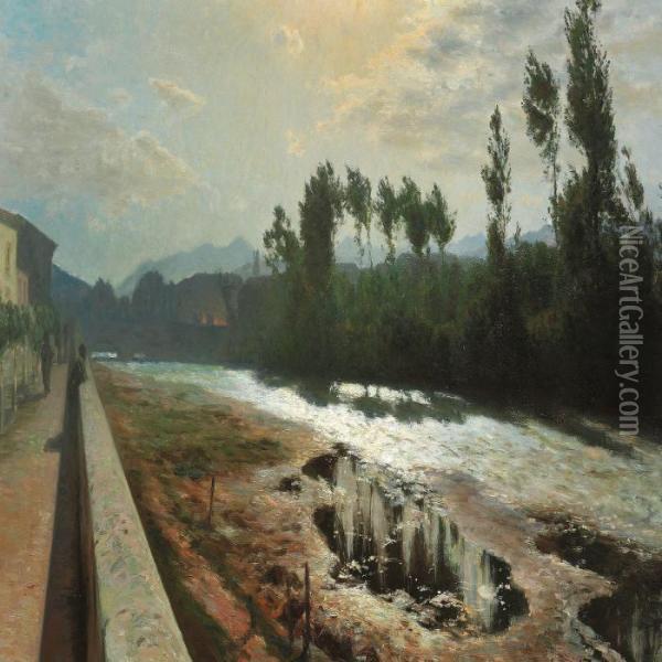 Langs Floden I Maaneskin. Sora Oil Painting - Viggo Christian Frederick Pedersen