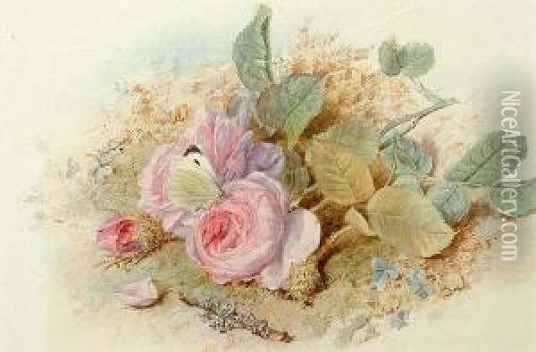 Pink Roses And A Butterfly. Oil Painting - Mary Elizabeth Duffield
