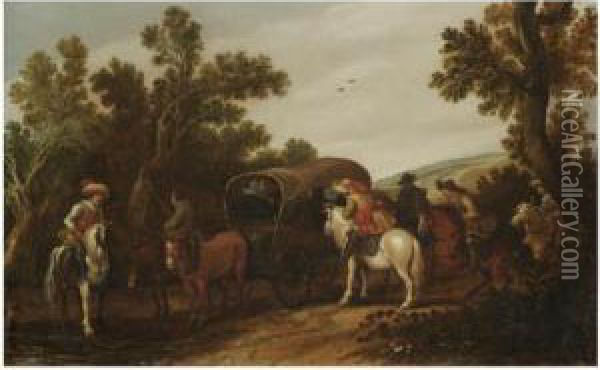 A Wooded Dune Landscape With Bandits Holding Up A Covered Wagon Oil Painting - Jan the Younger Martszen