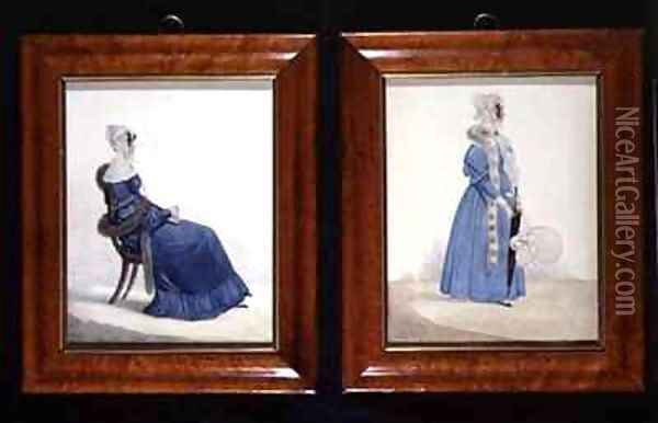 Two portraits of a Seated and a Standing Lady in Blue Dresses Oil Painting - Richard Dighton