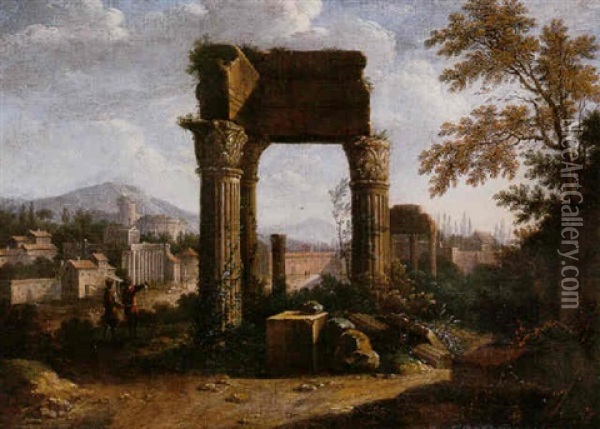 A Capriccio Of A Roman Forum With Travellers Oil Painting - Abraham Genoels