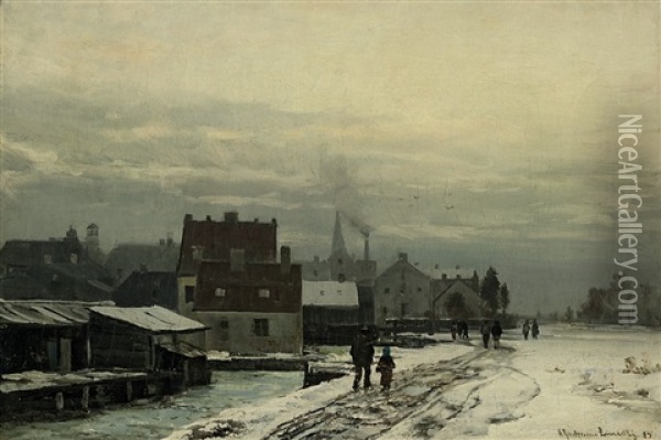 Spazierganger Am Wasserwehr Im Winter Oil Painting - Anders Andersen-Lundby