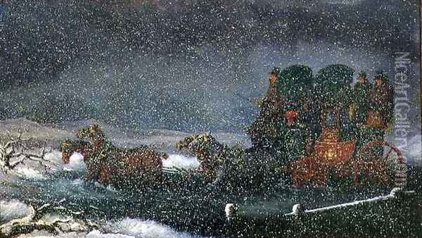 A Stagecoach Fording a Stream in a Snowstorm Oil Painting - Charles Cooper Henderson
