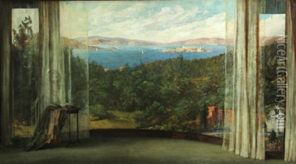 View Of San Francisco Bay, Alcatraz And The Hills Of Marin County Oil Painting - Evelyn Almond Withrow