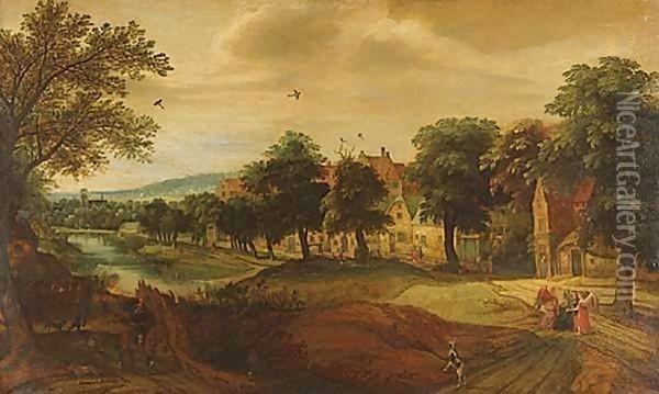 Abraham Meeting The Angels By A Village, An Extensive Landscape Beyond Oil Painting - Jacques Backereel