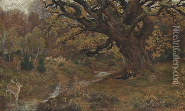 In The Forest Of Arden: Jaques And The Stag Oil Painting - Arthur Hughes