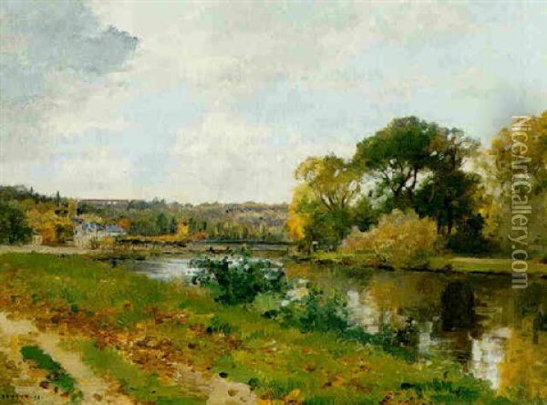 A River Landscape Oil Painting - Pierre Emmanuel Eugene Damoye