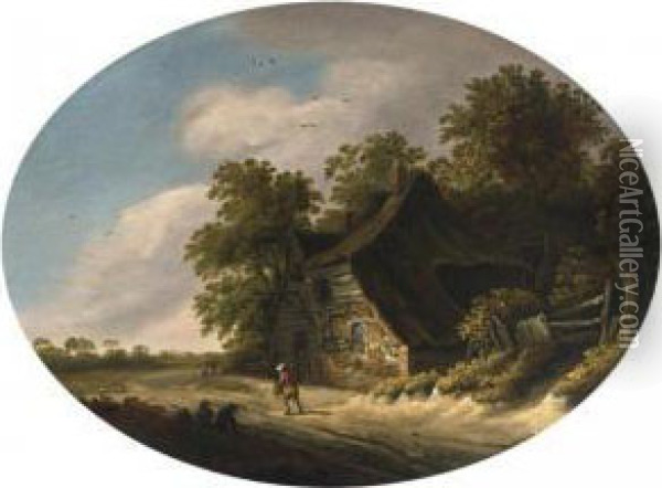 A Landscape With Travellers On A Path Passing A Farm Oil Painting - Roelof van Vries