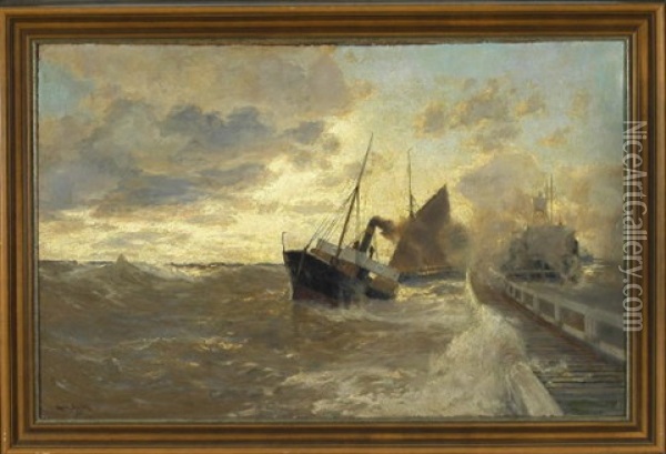 Im Sturm Schwankende Schiffe An Der Mole Oil Painting - Erwin Carl Wilhelm Guenther