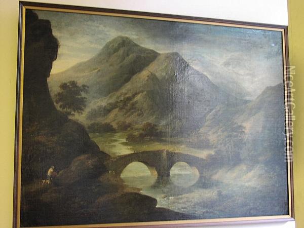 Figures By A Stone Bridge In An Extensive Mountain And River Landscape, Oil On Canvas Oil Painting - Julius Caesar Ibbetson