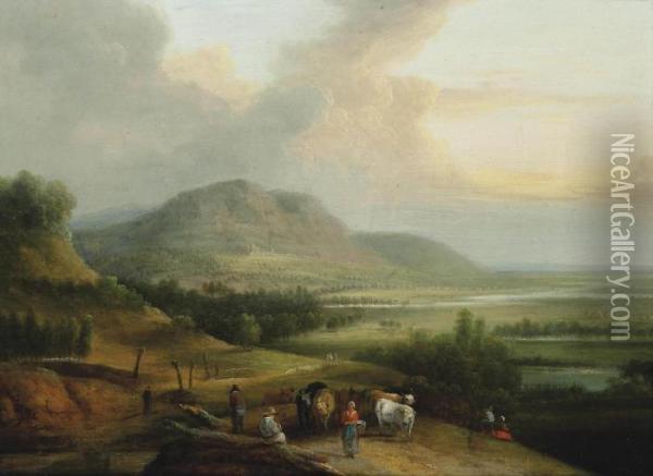 An Extensive Mountainous Landscape With Drovers And Their Herd On A Track Oil Painting - Lucas Van Uden