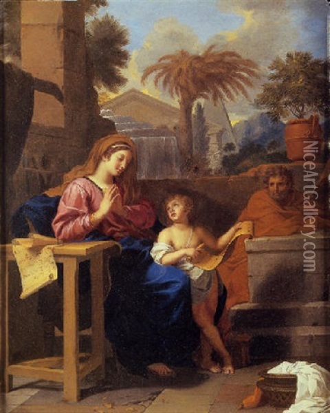 La Sainte Famille En Egypte Avec L'enfant Jesus Expliquant Les Figures De L'alphabet Hebreu Oil Painting - Charles Le Brun