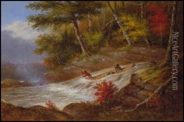 Indians Running A Rapid Oil Painting - Cornelius Krieghoff