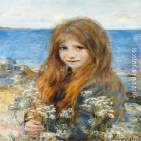 Little Girl On The Beach Oil Painting - Hans Olaf Heyerdahl