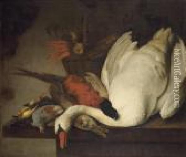 A Dead Swan, Pheasant, Rabbit, 
Grouse, Finches And A Basket Of Carrots And Onions On A Stone Table Oil Painting - Elias Vonck