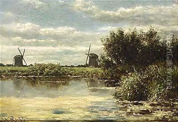 Windmills In A Polder Landscape 2 Oil Painting - Willem Roelofs