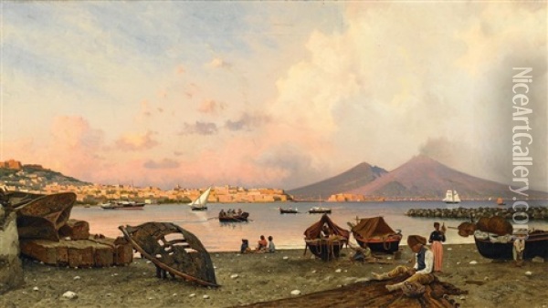 Blick Auf Die Bucht Vor Neapel Und Den Vesuv Im Hintergrund Oil Painting - Friedrich Nerly the Younger