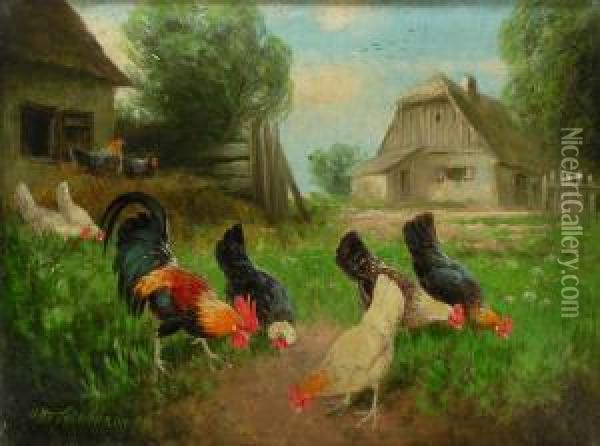Hahn Mit Huhnern Im Bauernhof Oil Painting - Otto Scheuerer