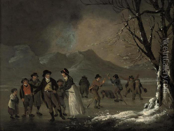 Skaters In The Lake District Oil Painting - Julius Caesar Ibbetson