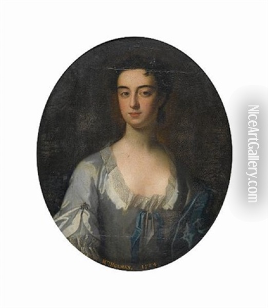 Portrait Of A Lady, Said To Be Mrs Holman, Bust-length, In A White Silk Dress And Blue Cloak Oil Painting - Jonathan Richardson