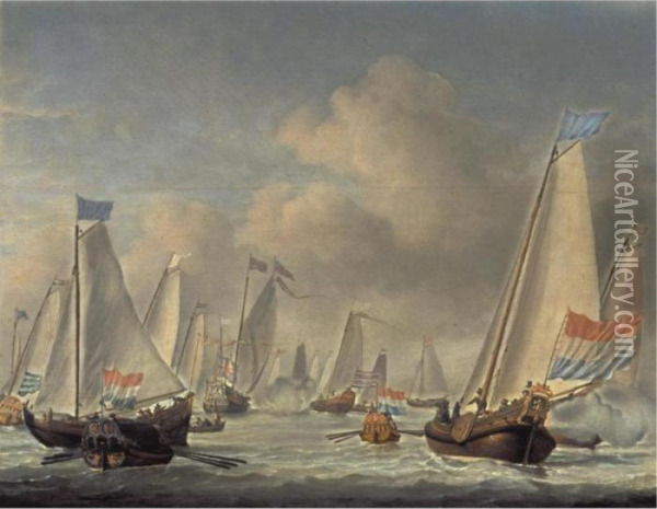 Dutch Bezan Yachts Sailing Around The Mary Yacht In A Moderate Breeze Oil Painting - Willem van de, the Elder Velde
