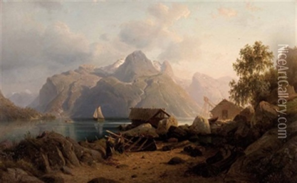 Norwegische Fjordlandschaft Im Abendlicht Oil Painting - Johannes Bartholomaeus Duntze