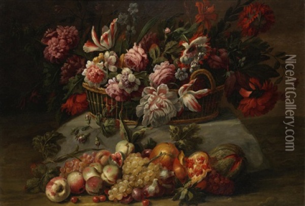 A Basket Of Poppies, Roses Tulips And Other Flowers Oil Painting - Nicolas Baudesson