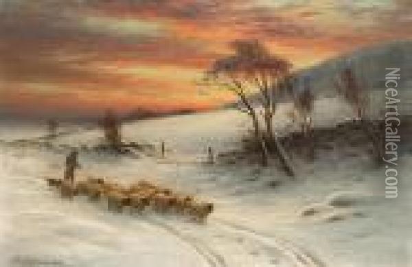 When Day Expiring In The West, The Shepherd Tends His Flock Oil Painting - Joseph Farquharson