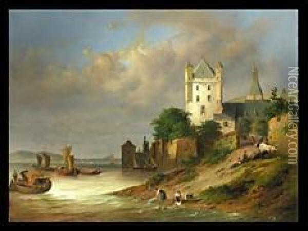 Kustenlandschaft Mit Burg Und Wascherinnen Oil Painting - Karl August Aerttinger