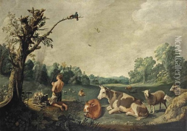 A Man Sacrificing A Lamb, Sheep And Cattle Resting In The Foreground Oil Painting - Jacob Gerritsz Cuyp